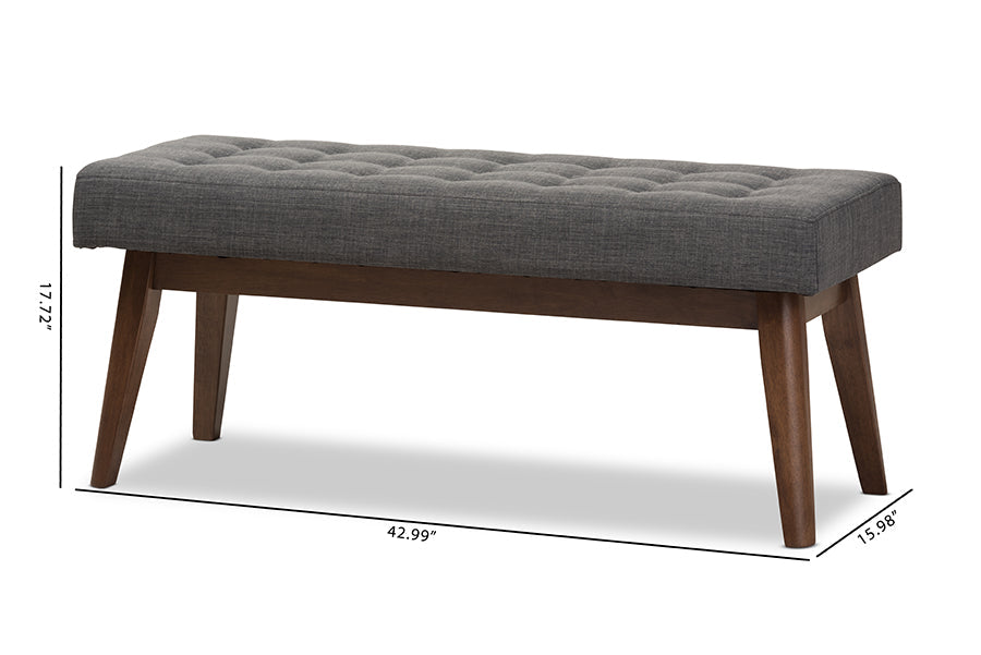 Elia Mid-Century Modern Walnut Wood Dark Grey Fabric Button-Tufted Bench