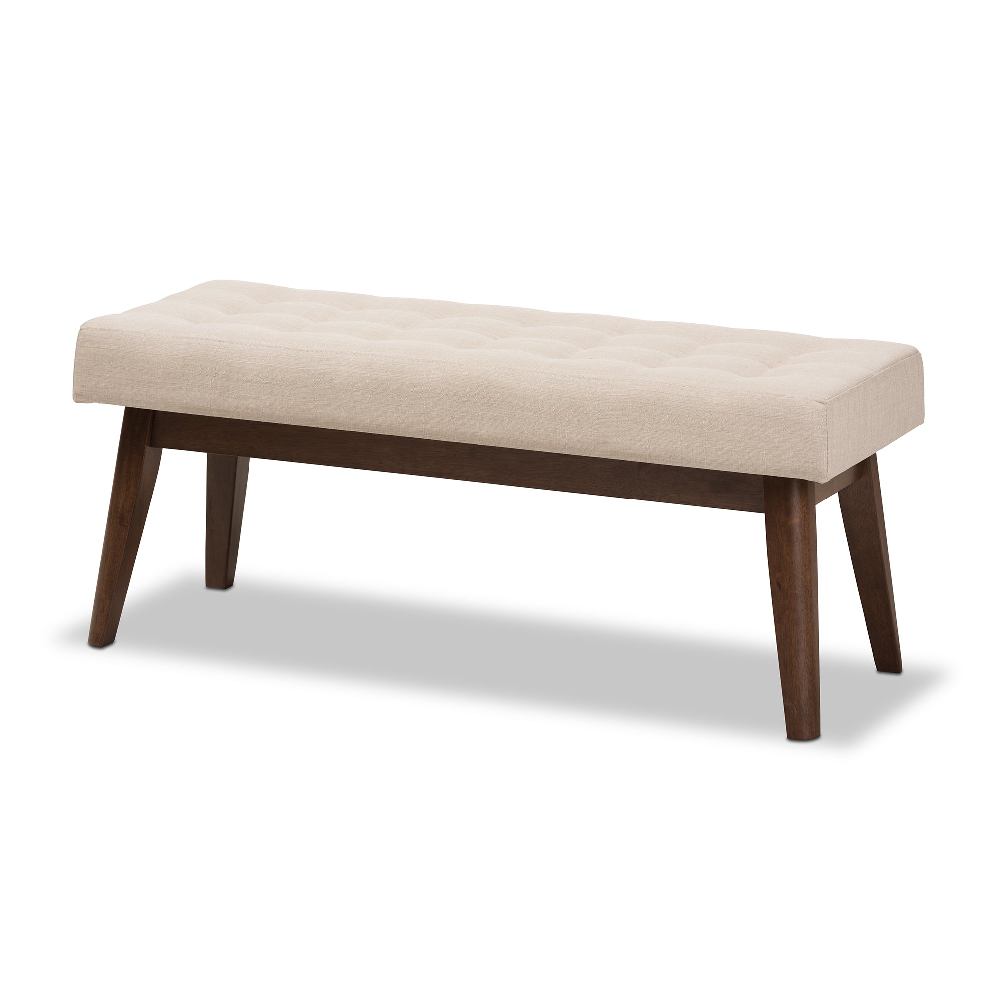 Elia Mid-Century Modern Walnut Wood Light Beige Fabric Button-Tufted Bench