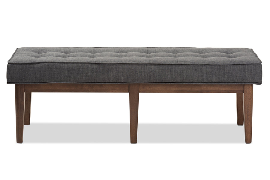 Lucca Mid-Century Modern Walnut Wood Dark Grey Fabric Button-Tufted Bench
