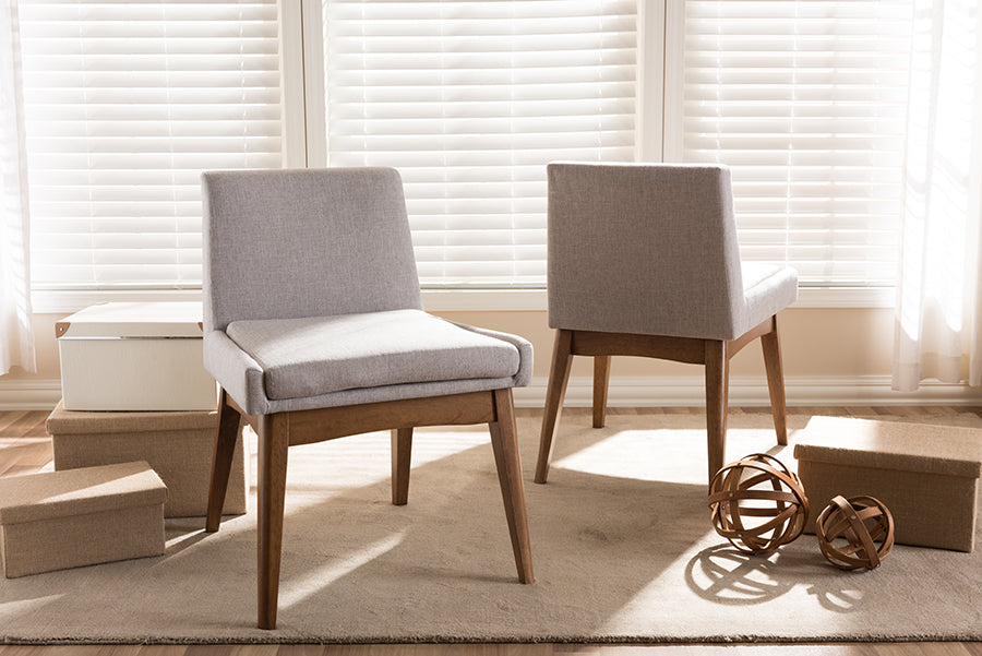 Nexus Mid-Century Modern Walnut Wood Finishing Greyish Beige Fabric Dining Side Chair (Set of 2)