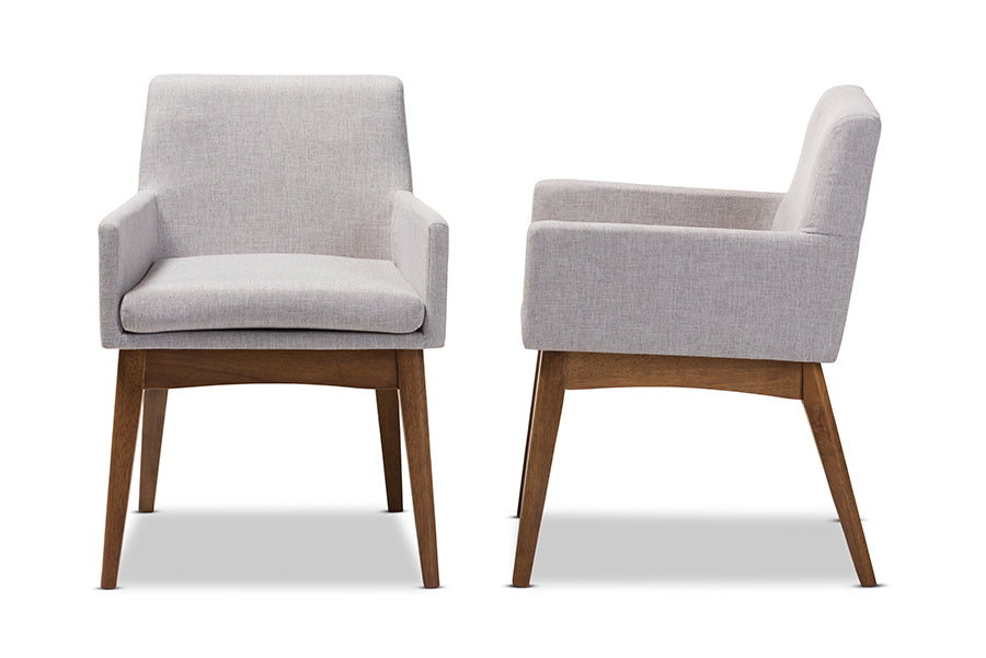 Nexus Mid-Century Modern Walnut Wood Finishing Greyish Beige Fabric Dining Armchair (Set of 2)