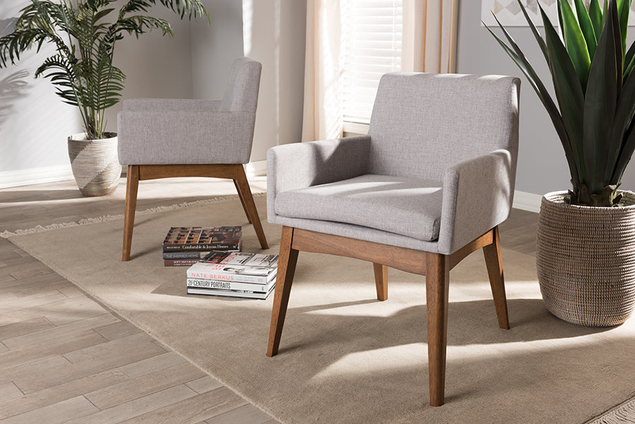 Nexus Mid-Century Modern Walnut Wood Finishing Greyish Beige Fabric Dining Armchair (Set of 2)