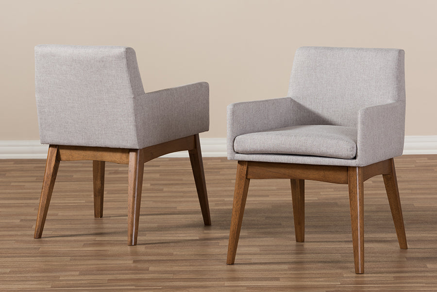 Nexus Mid-Century Modern Walnut Wood Finishing Greyish Beige Fabric Dining Armchair (Set of 2)