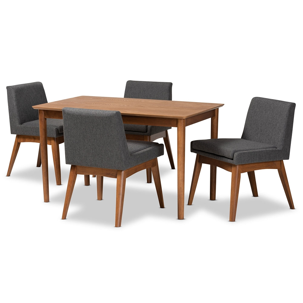 Nexus Mid-Century Modern Dark Grey Fabric Upholstered and Walnut Brown Finished Wood 5-Piece Dining Set
