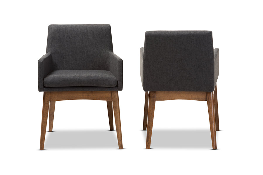 Nexus Mid-Century Modern Walnut Wood Finishing Dark Grey Fabric Dining Armchair (Set of 2)