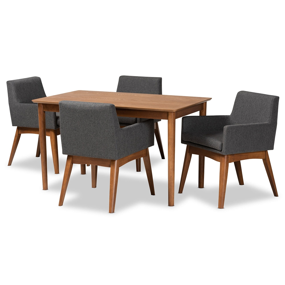 Dorina Mid-Century Modern Dark Grey Fabric Upholstered and Walnut Brown Finished Wood 5-Piece Dining Set