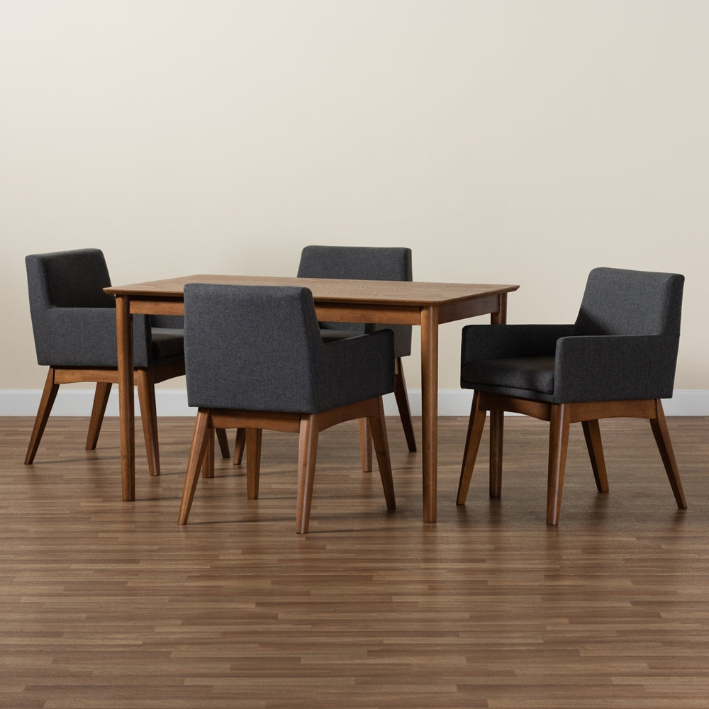 Dorina Mid-Century Modern Dark Grey Fabric Upholstered and Walnut Brown Finished Wood 5-Piece Dining Set