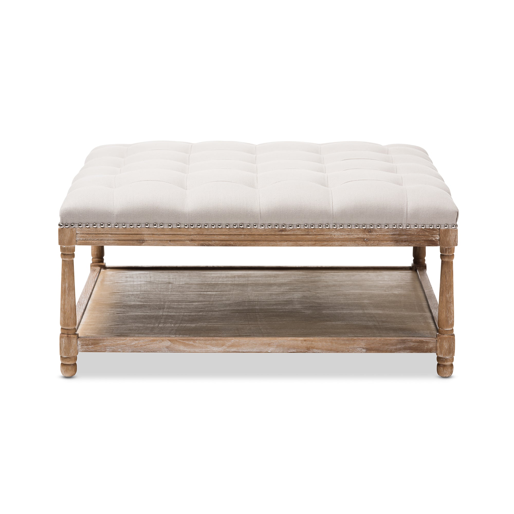 Carlotta French Country Weathered Oak Beige Linen Square Coffee Table Ottoman