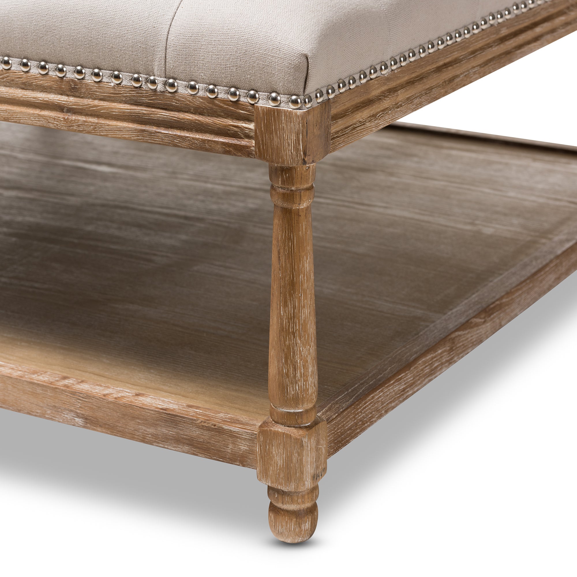 Carlotta French Country Weathered Oak Beige Linen Square Coffee Table Ottoman