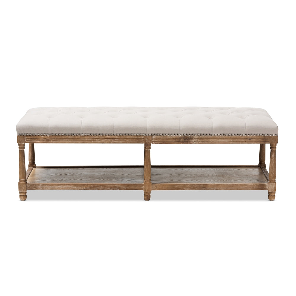 Celeste French Country Weathered Oak Beige Linen Upholstered Ottoman Bench