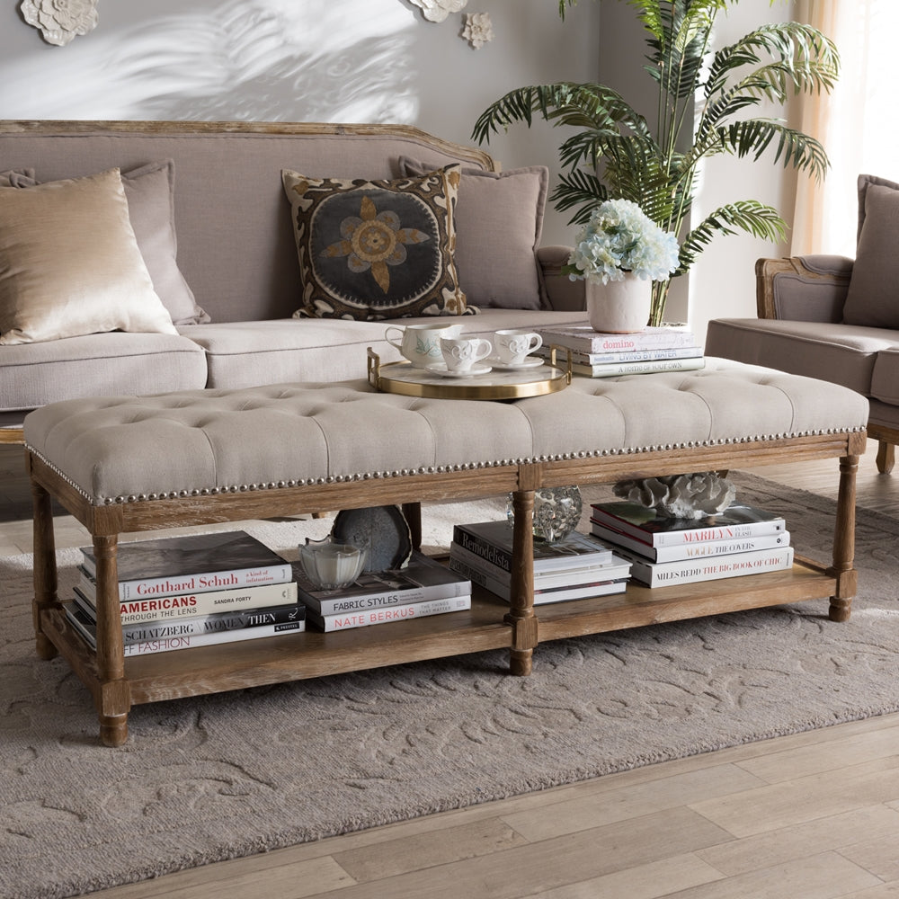 Celeste French Country Weathered Oak Beige Linen Upholstered Ottoman Bench