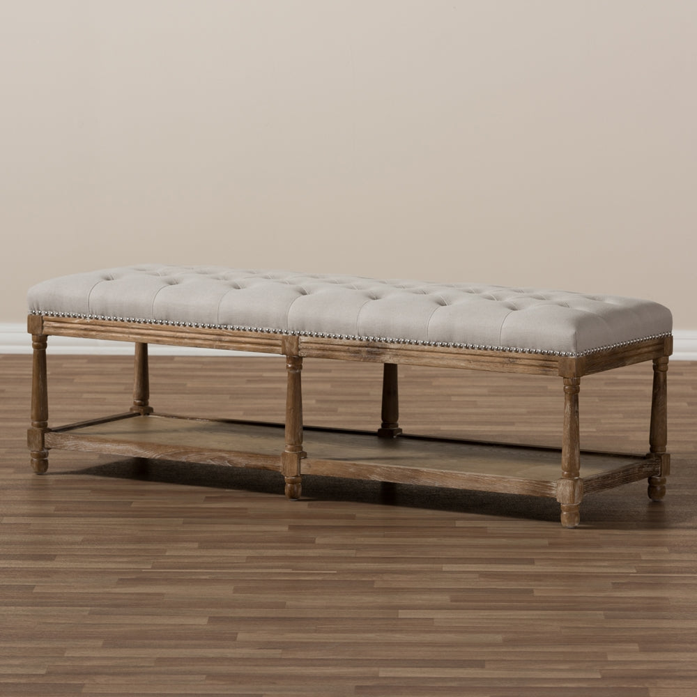 Celeste French Country Weathered Oak Beige Linen Upholstered Ottoman Bench