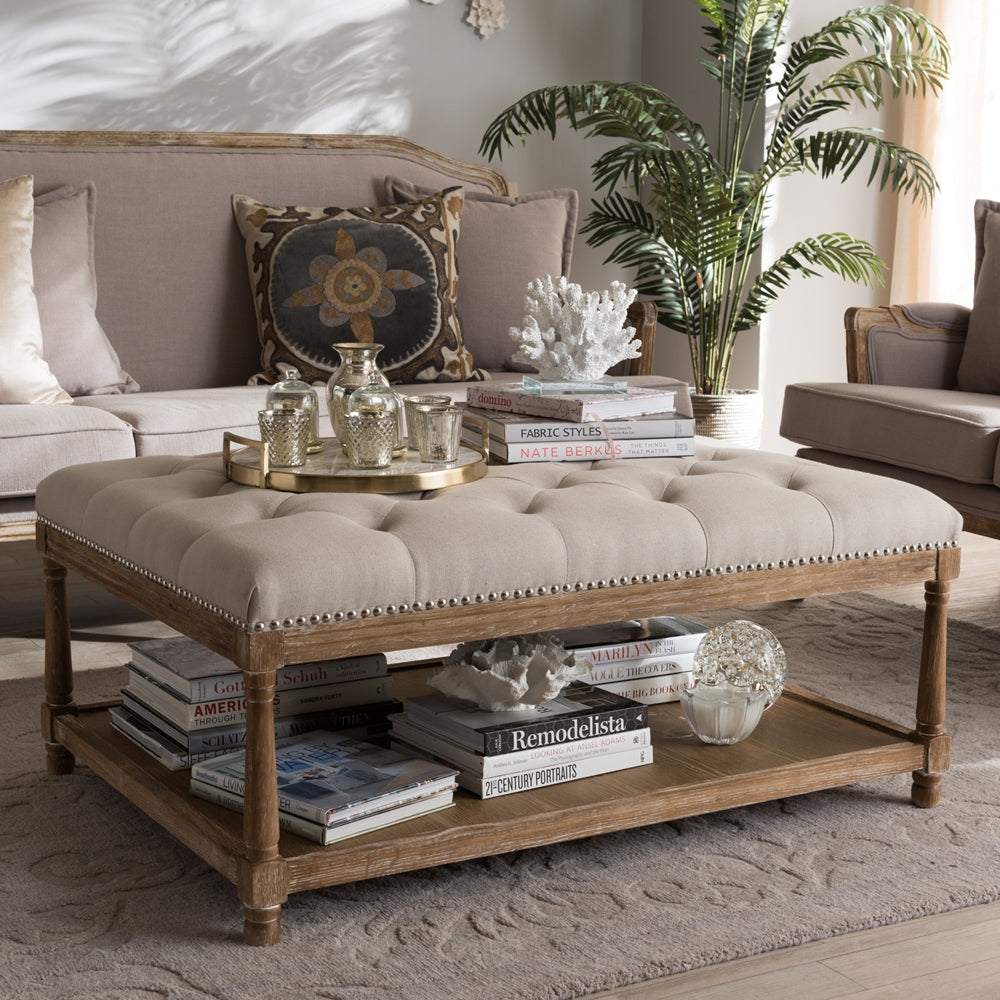 Carlotta French Country Weathered Oak Beige Linen Rectangular Coffee Table Ottoman