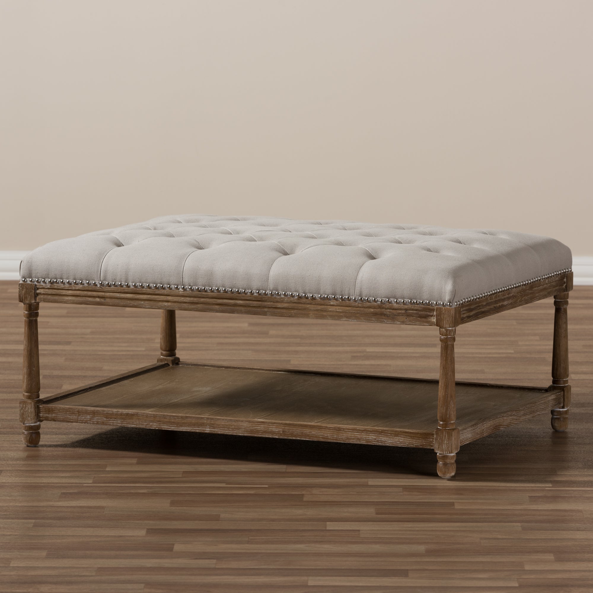 Carlotta French Country Weathered Oak Beige Linen Rectangular Coffee Table Ottoman