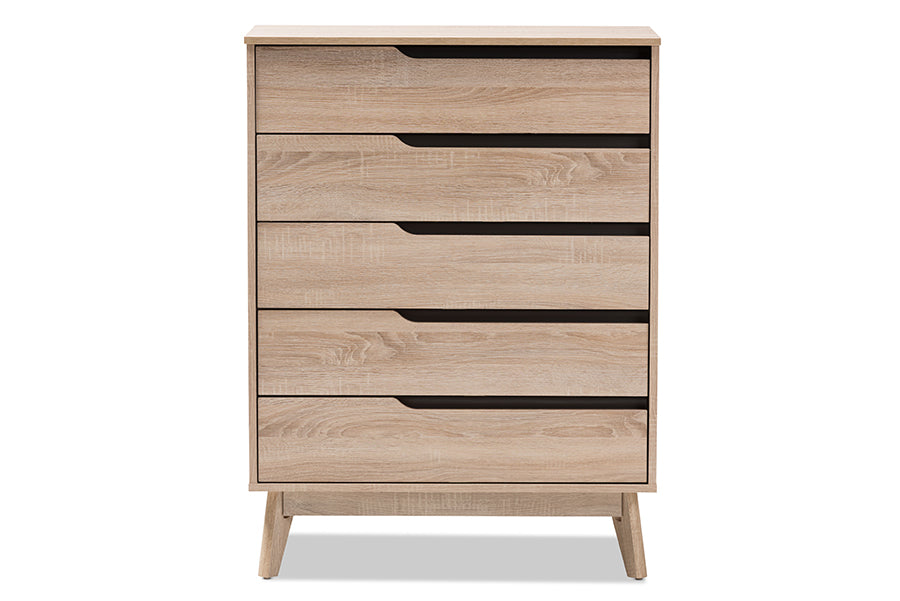 Fella Mid-Century Modern Two-Tone Oak and Grey Wood 5-Drawer Chest