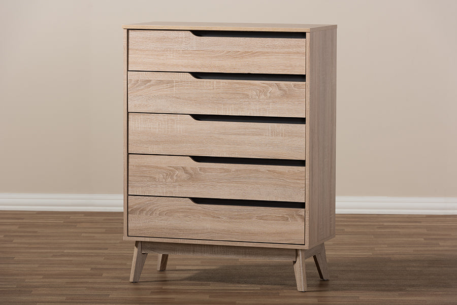 Fella Mid-Century Modern Two-Tone Oak and Grey Wood 5-Drawer Chest