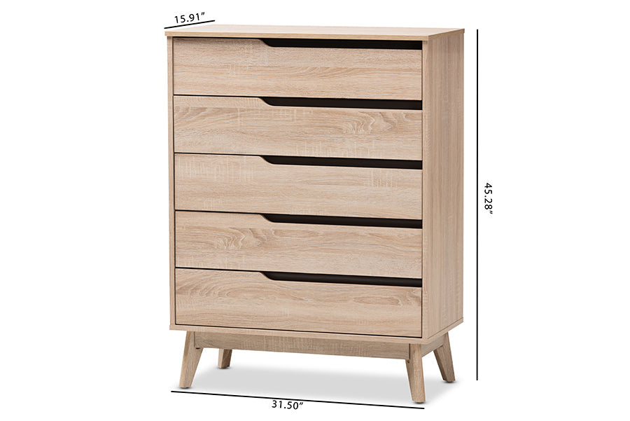 Fella Mid-Century Modern Two-Tone Oak and Grey Wood 5-Drawer Chest