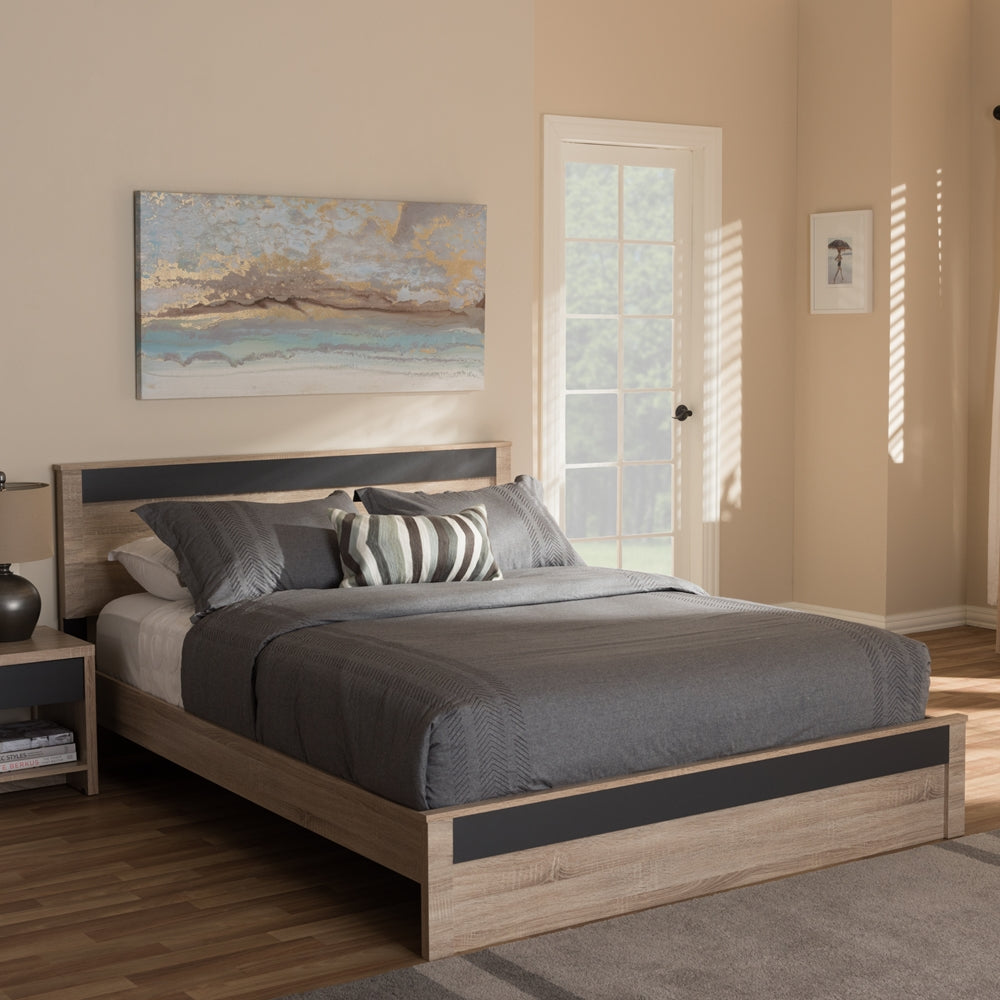 Jamie Two-Tone Oak And Grey Wood Queen Size Platform Bed