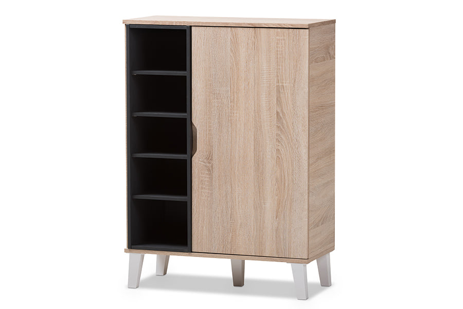 Adelina Mid-Century Modern 1-door Oak and Grey Wood Shoe Cabinet