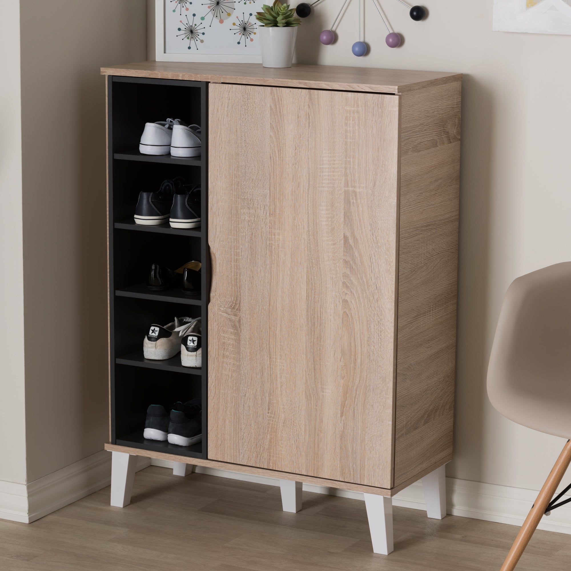 Adelina Mid-Century Modern 1-door Oak and Grey Wood Shoe Cabinet