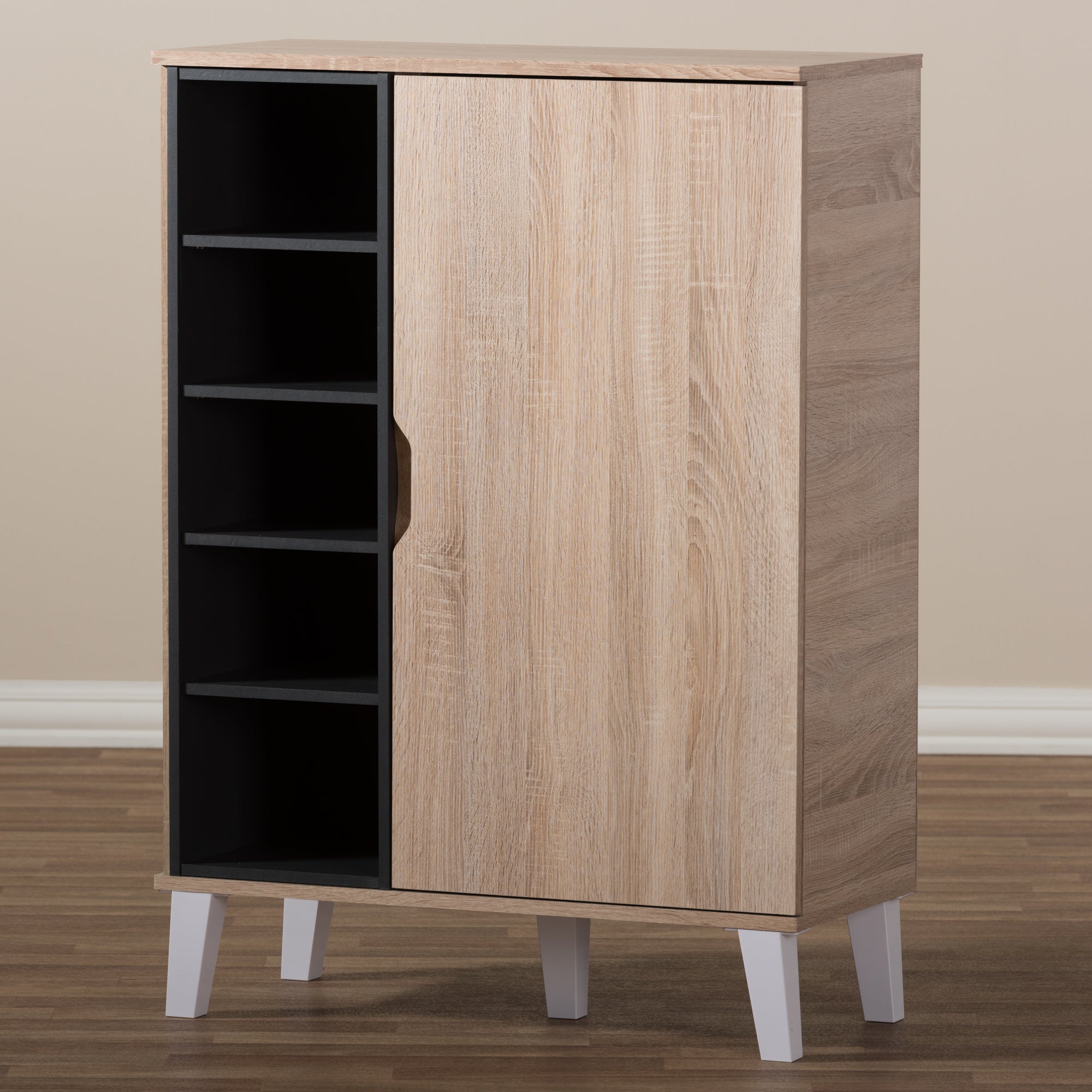 Adelina Mid-Century Modern 1-door Oak and Grey Wood Shoe Cabinet