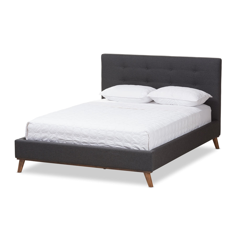 Valencia Mid-Century Modern Greyish Beige Fabric Queen Size Platform Bed