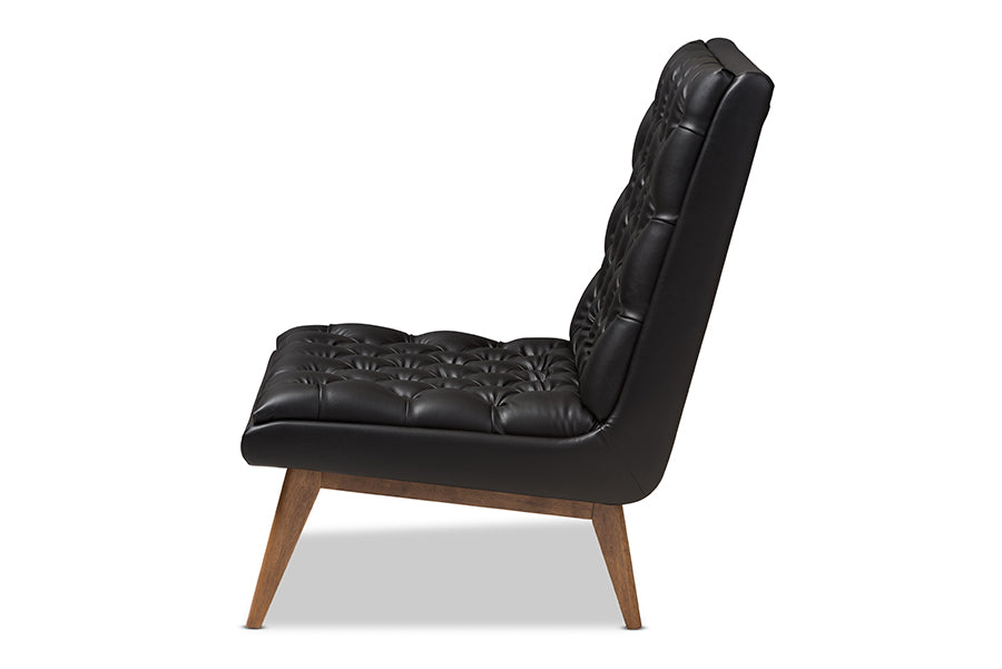 Annetha Mid-Century Modern Black Faux Leather Upholstered Walnut Finished Wood Lounge Chair