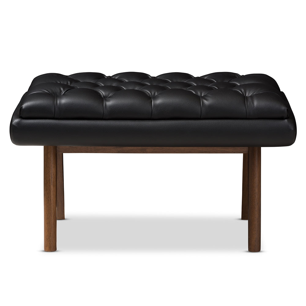 Annetha Mid-Century Modern Black Faux Leather Upholstered Walnut Finished Wood Ottoman