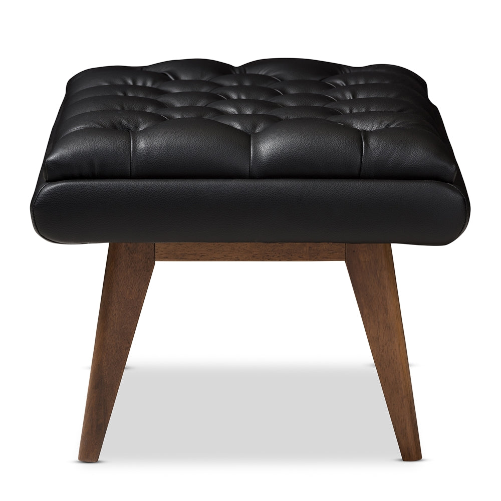 Annetha Mid-Century Modern Black Faux Leather Upholstered Walnut Finished Wood Ottoman