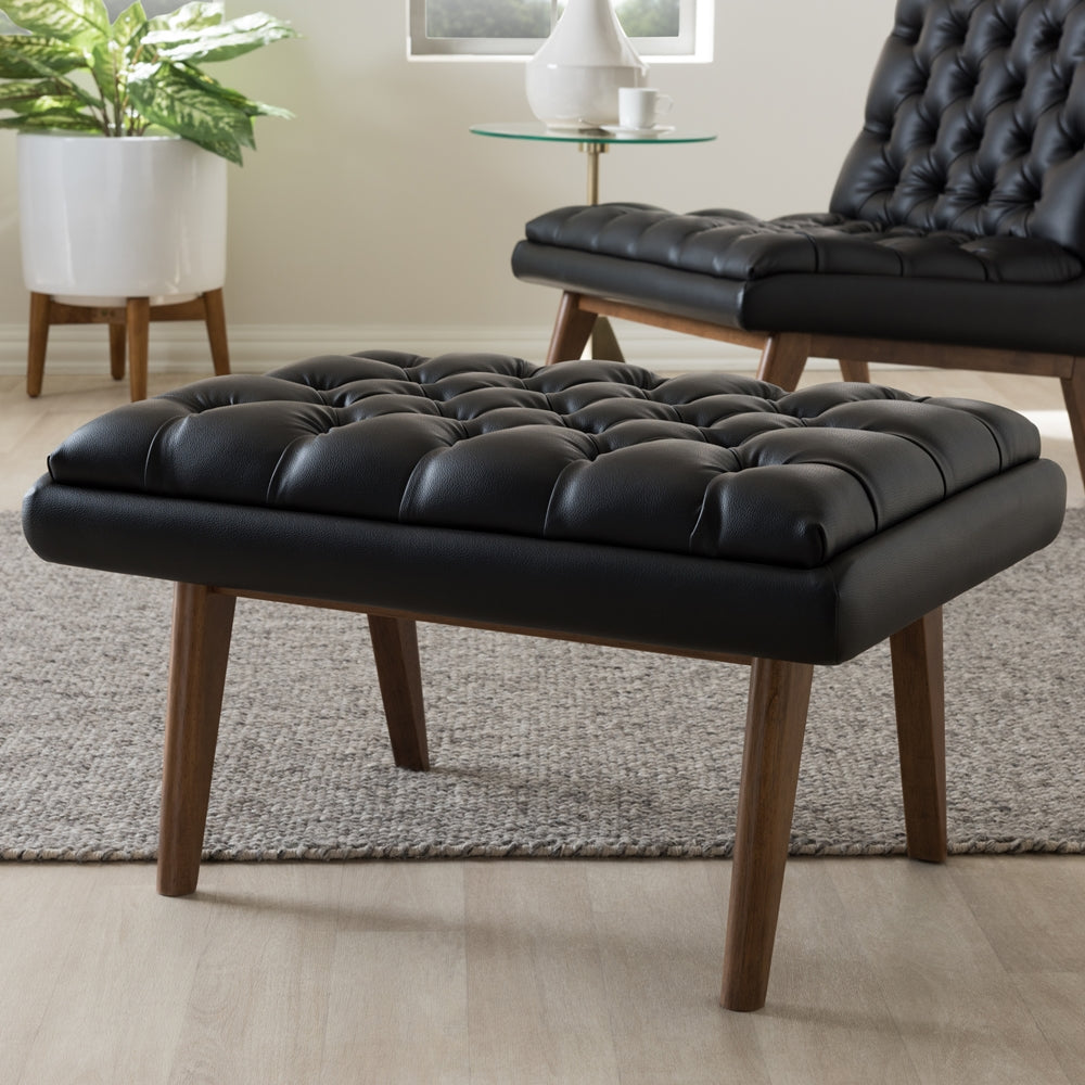 Annetha Mid-Century Modern Black Faux Leather Upholstered Walnut Finished Wood Ottoman