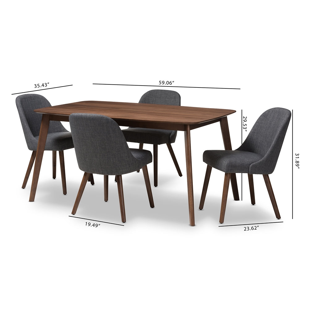 Cody Mid-Century Modern Grey Fabric Upholstered Walnut Finished Wood 5-Piece Dining Set