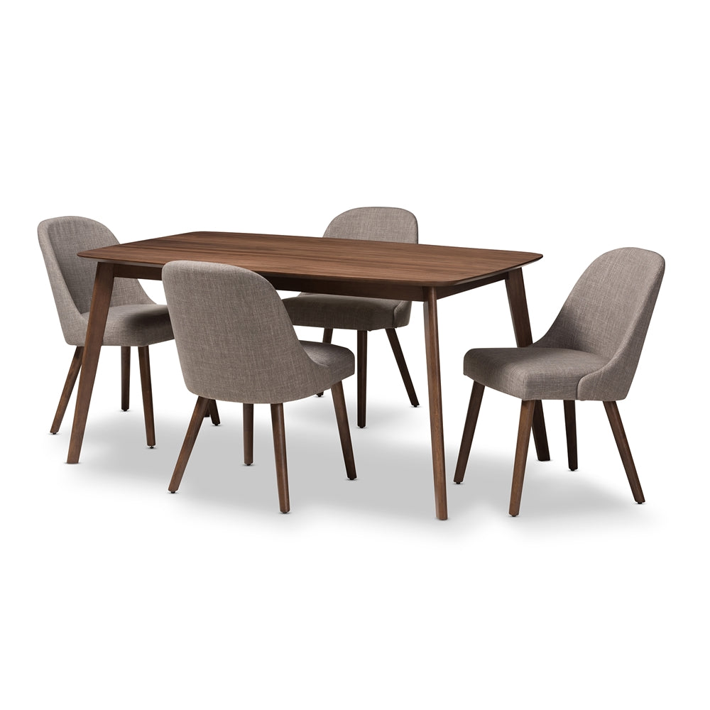 Cody Mid-Century Modern Grey Fabric Upholstered Walnut Finished Wood 5-Piece Dining Set