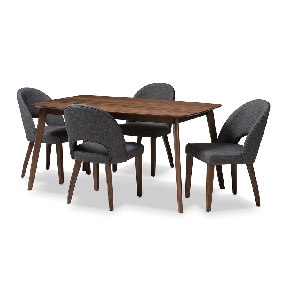 Wesley Mid-Century Modern Grey Fabric Upholstered Walnut Finished Wood 5-Piece Dining Set