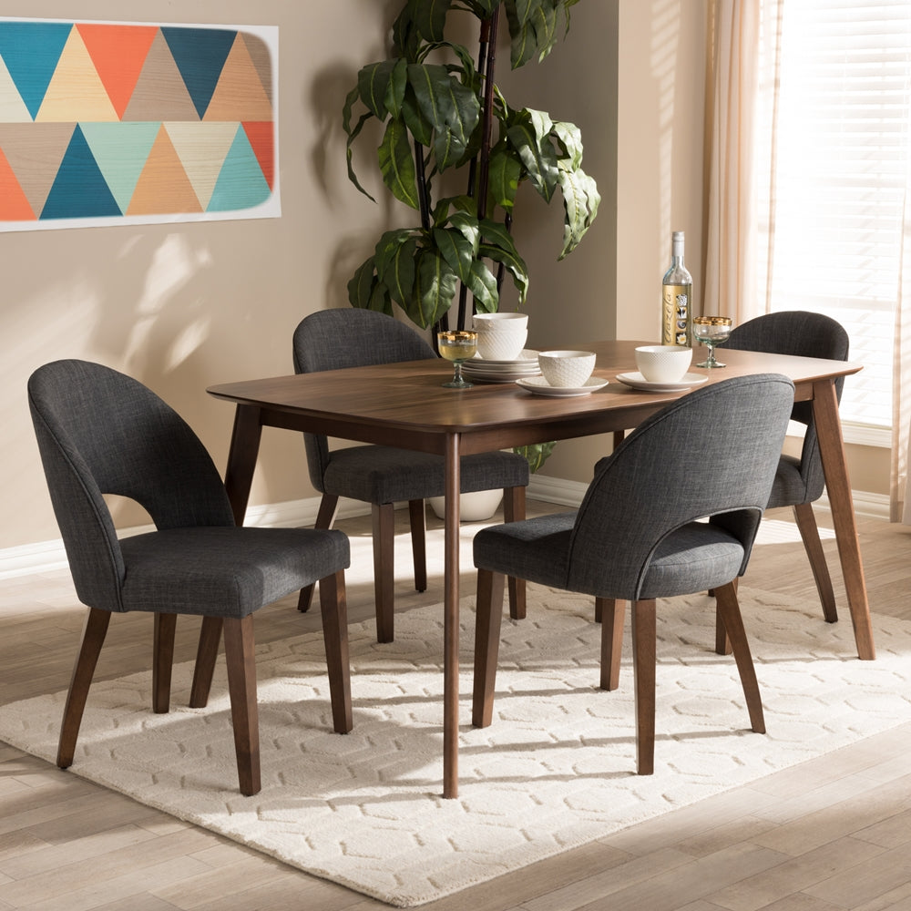 Wesley Mid-Century Modern Grey Fabric Upholstered Walnut Finished Wood 5-Piece Dining Set