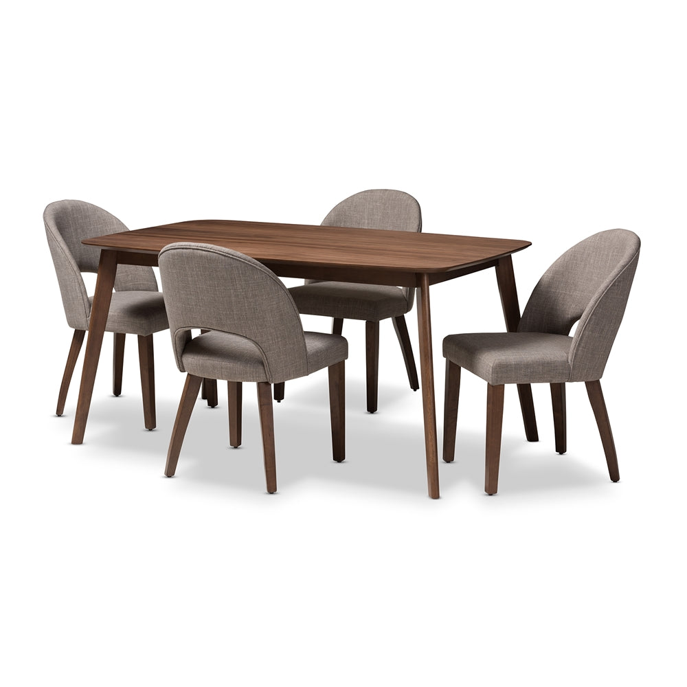 Wesley Mid-Century Modern Light Grey Fabric Upholstered Walnut Finished Wood 5-Piece Dining Set