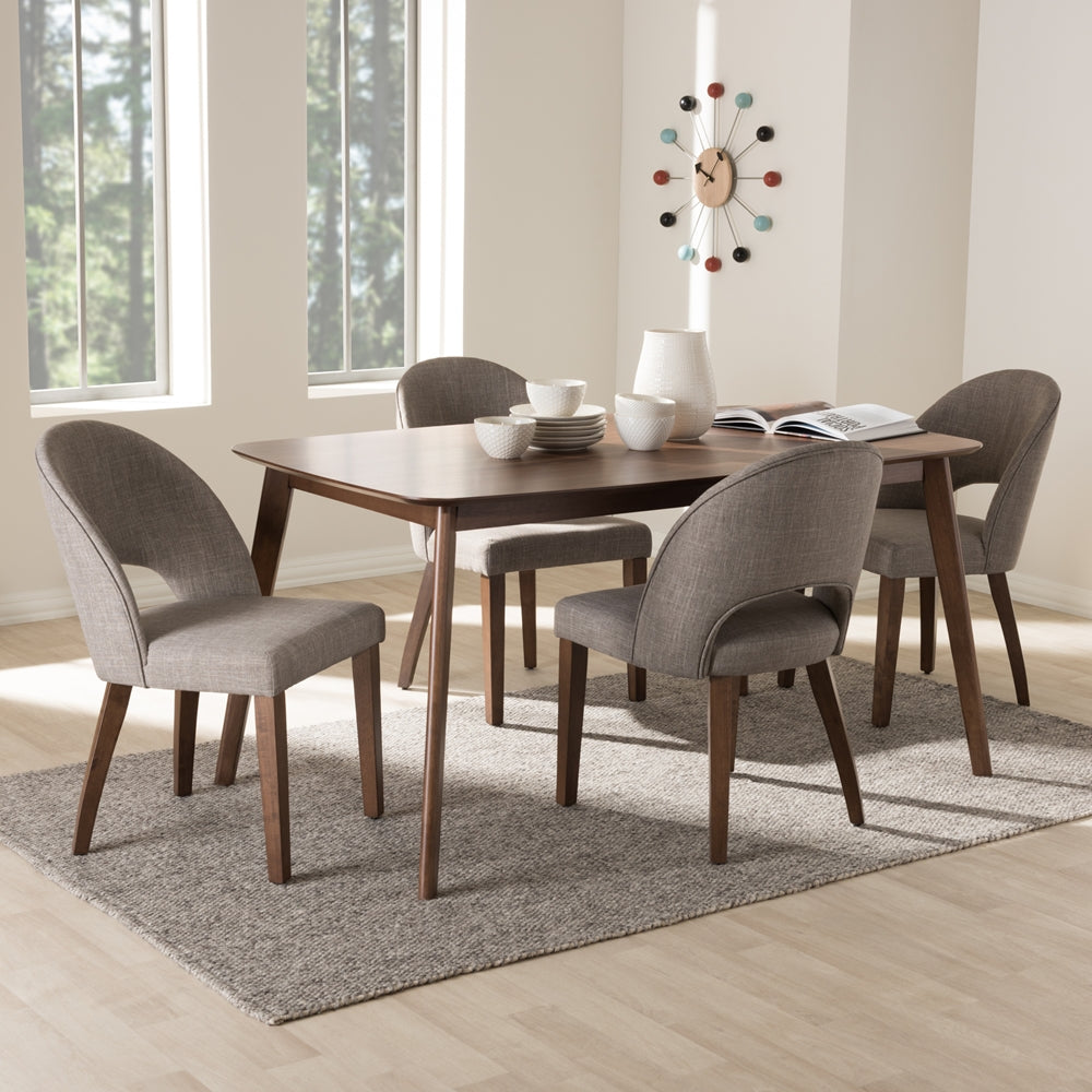 Wesley Mid-Century Modern Light Grey Fabric Upholstered Walnut Finished Wood 5-Piece Dining Set