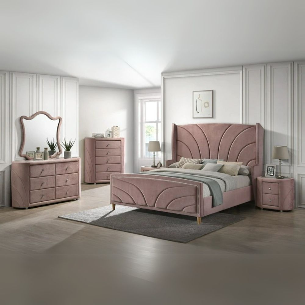 Salonia Eastern King Bed, Pink Velvet