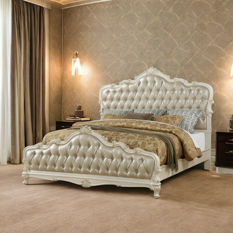 Chantelle Eastern King Bed, Rose Gold Synthetic Leather & Pearl White