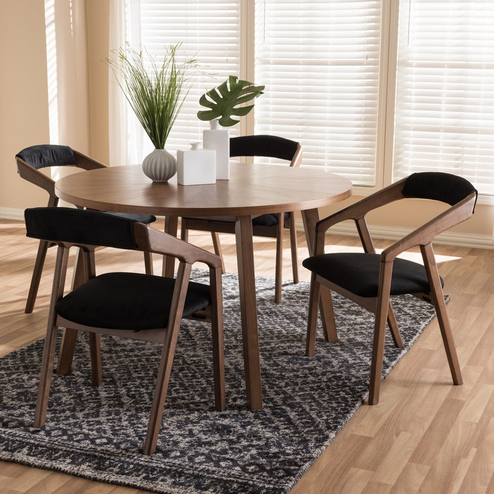Wendy Mid-Century Modern Black Fabric and Walnut Medium Brown Wood Finishing Dining Set