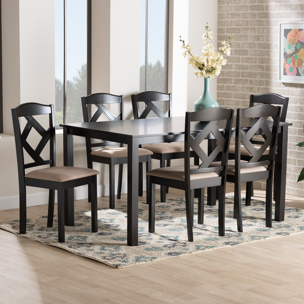 Ruth Sand Fabric Upholstered and Dark Brown Finished Wood 7-Piece Dining Set
