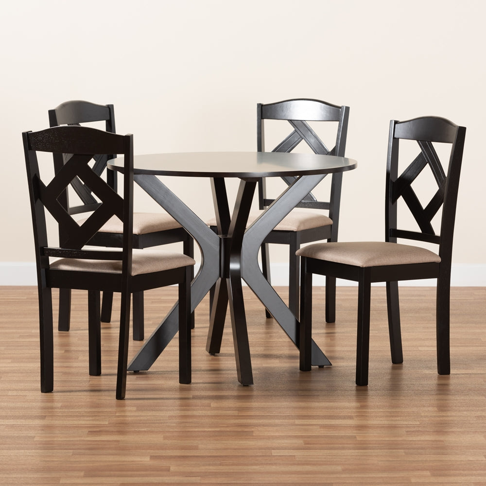 Carlin Sand Fabric Upholstered and Dark Brown Finished Wood 5-Piece Dining Set