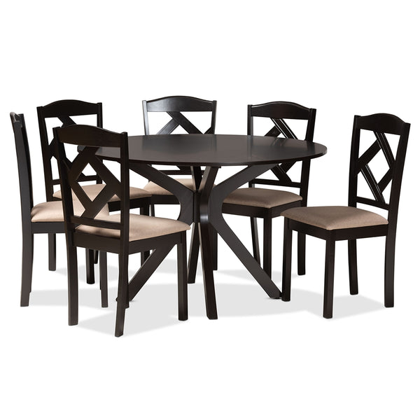 Carlin Sand Fabric Upholstered and Dark Brown Finished Wood 7-Piece Dining Set