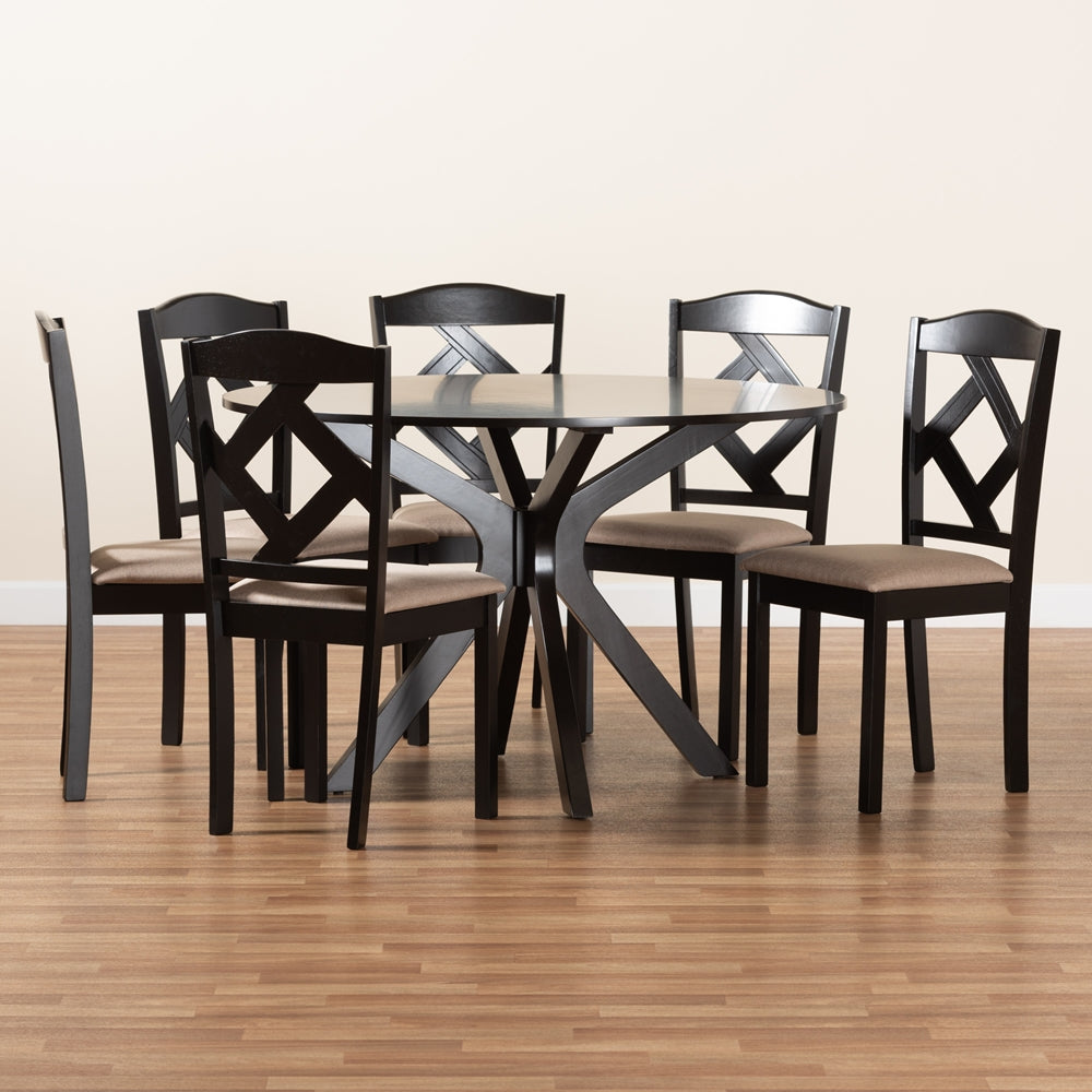 Carlin Sand Fabric Upholstered and Dark Brown Finished Wood 7-Piece Dining Set