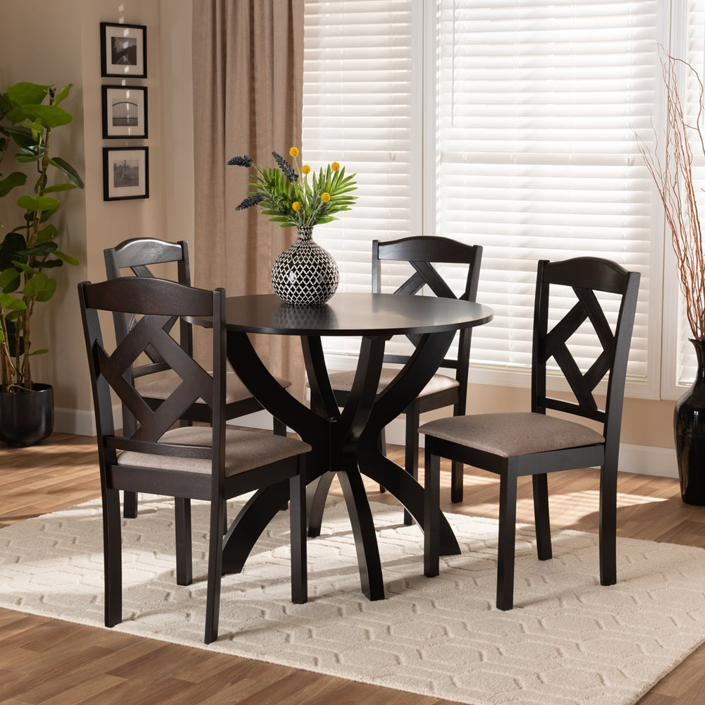 Quinlan Modern and Contemporary Sand Fabric Upholstered and Dark Brown Finished Wood 5-Piece Dining Set