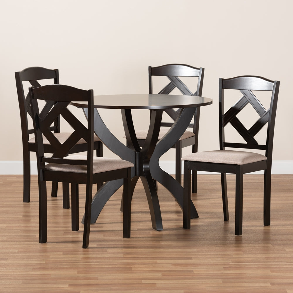 Quinlan Modern and Contemporary Sand Fabric Upholstered and Dark Brown Finished Wood 5-Piece Dining Set