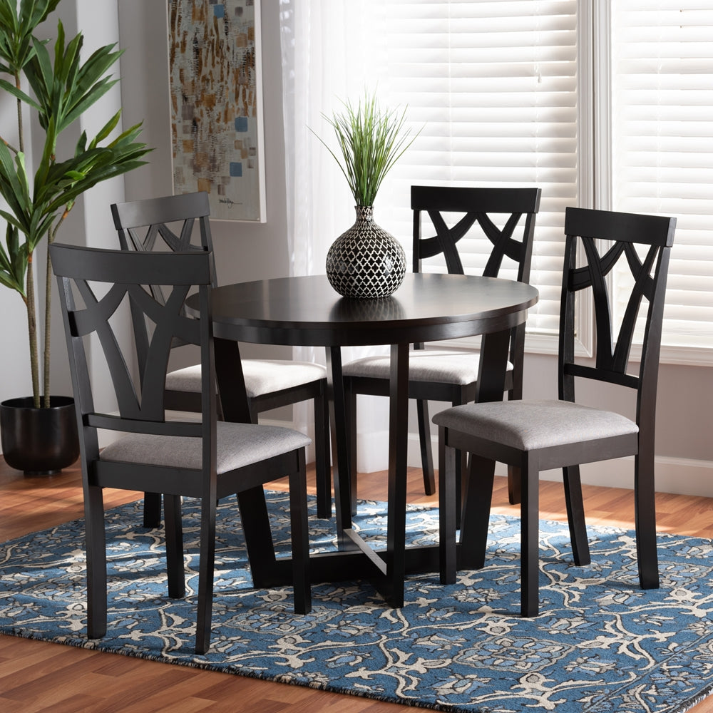 Telma Modern and Contemporary Grey Fabric Upholstered and Dark Brown Finished Wood 5-Piece Dining Set
