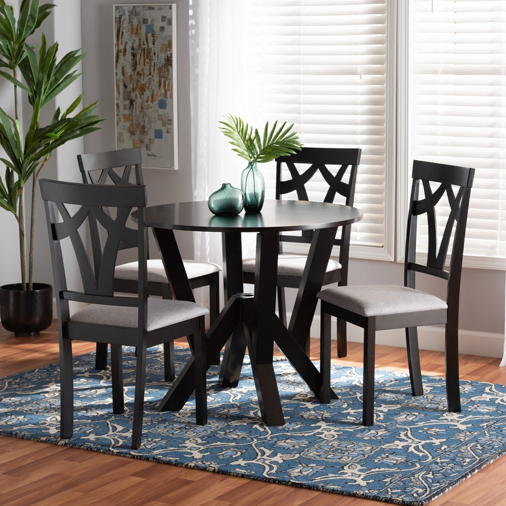 Branca Modern and Contemporary Grey Fabric Upholstered and Dark Brown Finished Wood 5-Piece Dining Set