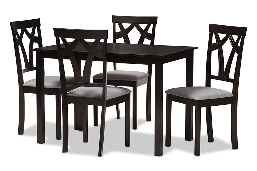 Sylvia Modern and Contemporary Grey Fabric Upholstered and Dark Brown Finished 5-Piece Dining Set