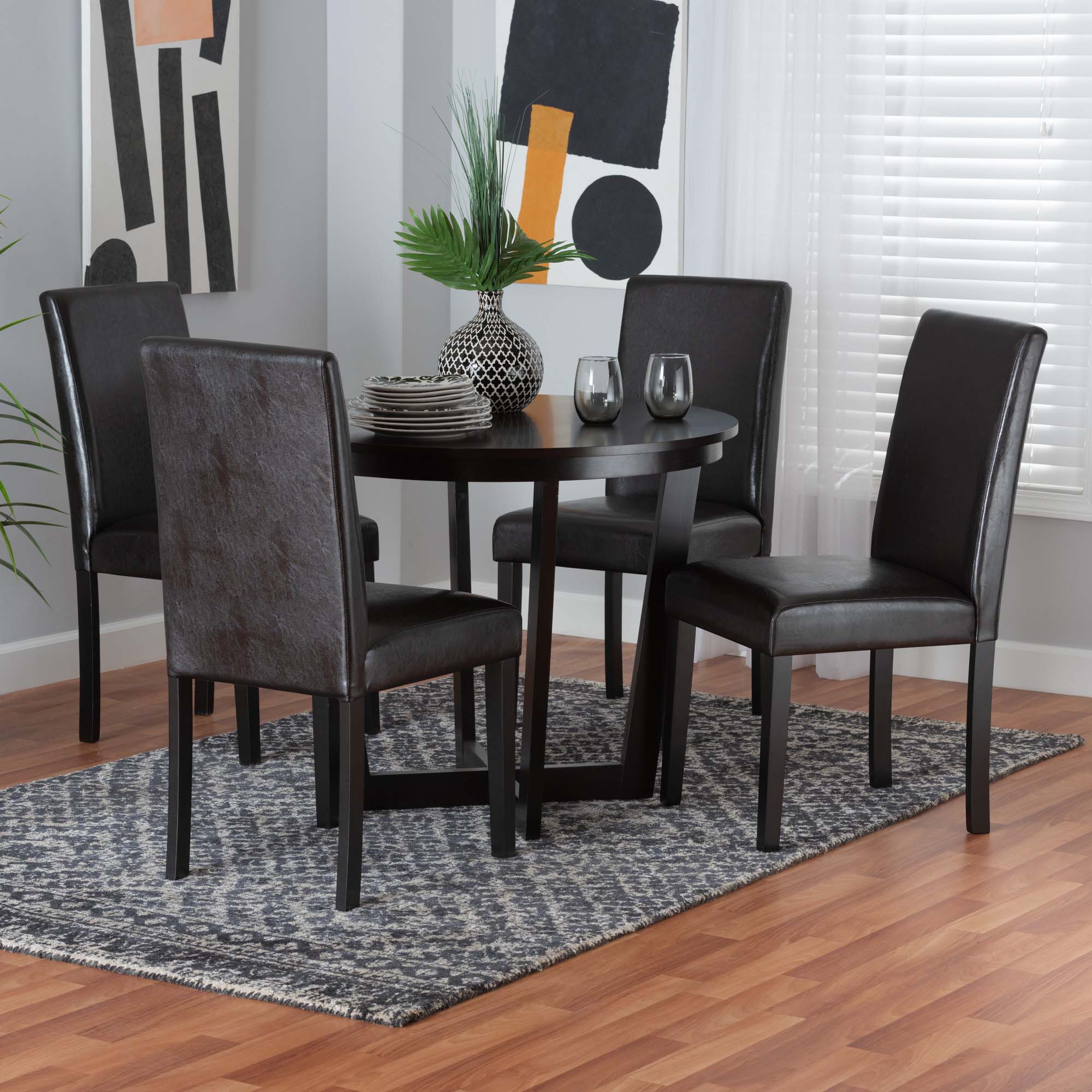 Bruna Modern Dark Brown Faux Leather and Espresso Brown Finished Wood 5-Piece Dining Set
