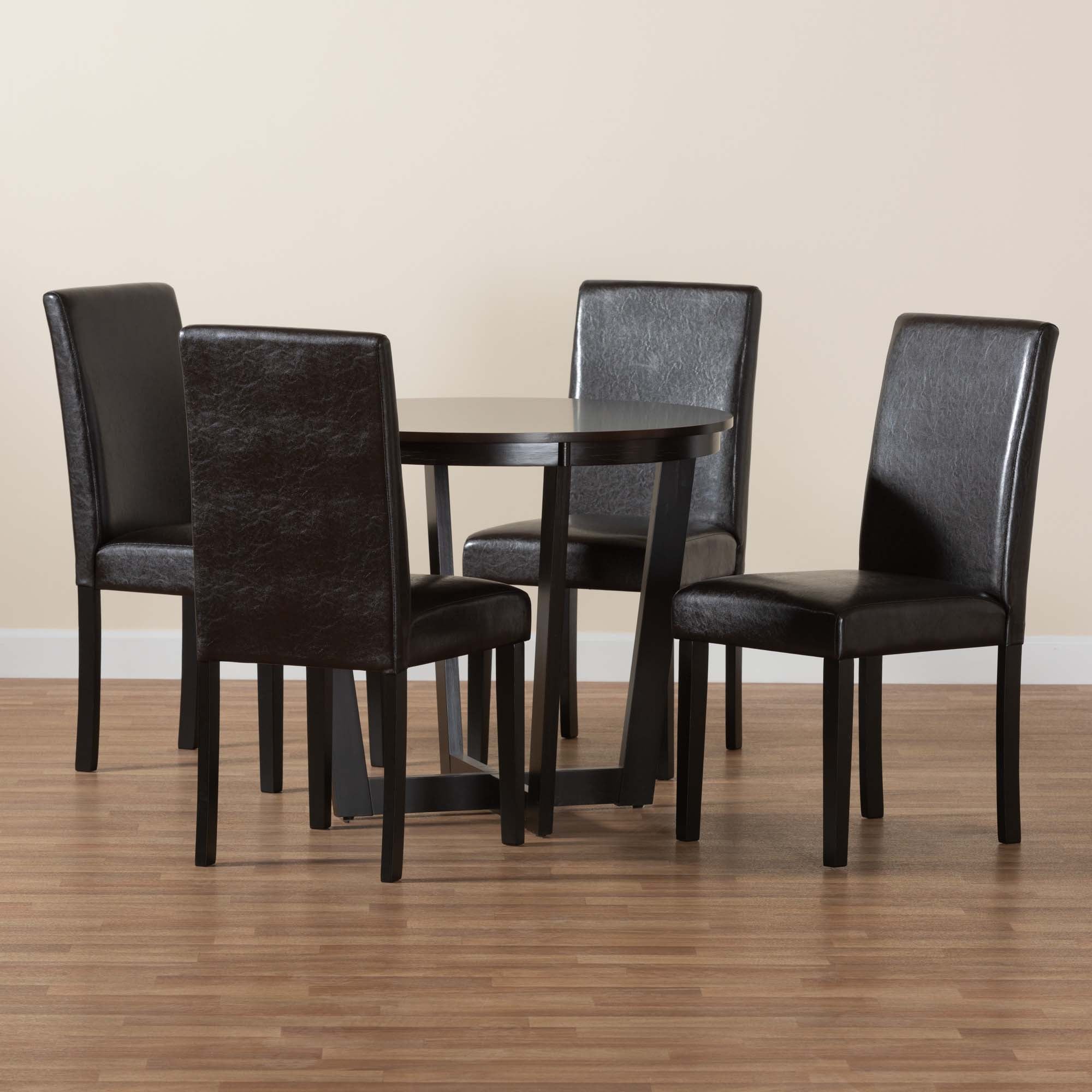 Bruna Modern Dark Brown Faux Leather and Espresso Brown Finished Wood 5-Piece Dining Set